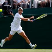 Ryan Peniston in action against Facundo Bagnis today, during Wimbledon qualifying at the Community Sport Centre, Roehampton.